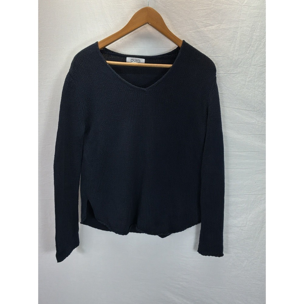 Pura Cashmere Cotton Blnd Women Navy Pullover Sweater Sz XS V Neck Rounded Hem
